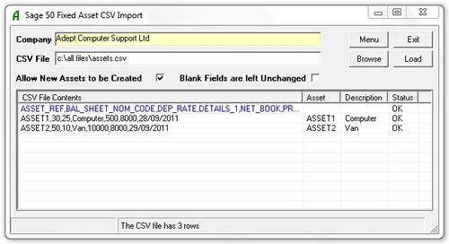 Adept Sage 50 Fixed Asset CSV Import Online