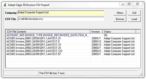 Adept Sage 50 Invoice CSV Import Online