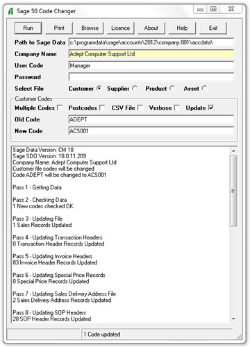 Adept Sage 50 Product and Account Code Changer Online