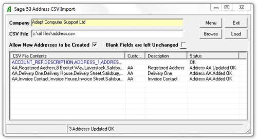 Adept Sage 50 Address CSV Import Online