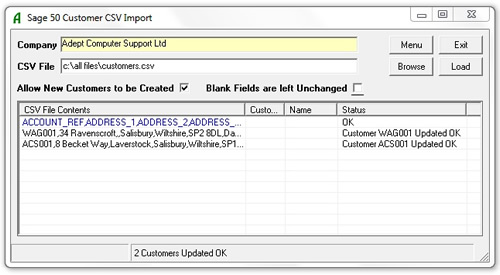 Adept Sage 50 Customer CSV Import Online