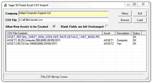 Adept Sage 50 Fixed Asset CSV Import Online
