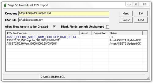 Adept Sage 50 Fixed Asset CSV Import Online