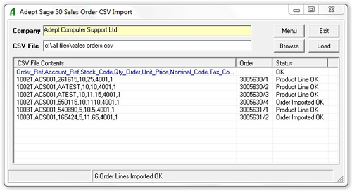 Adept Sage 50 Sales Order CSV Import Online