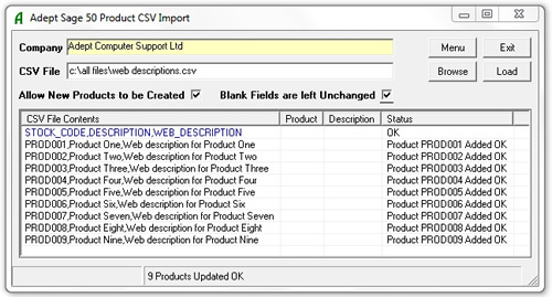 Adept Sage 50 Product CSV Import Online