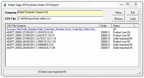 Adept Sage 50 Purchase Order CSV Import Online