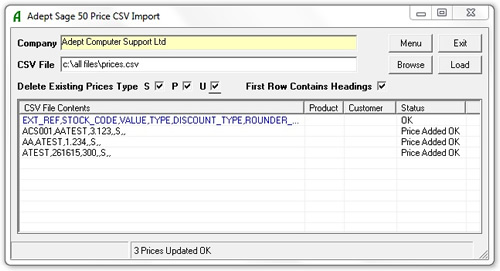 Adept Sage 50 Price CSV Import Online