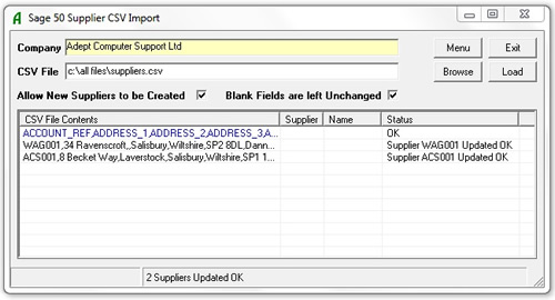 Adept Sage 50 Supplier CSV Import Online