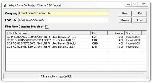 Adept Sage 50 Project Charge CSV Import Online